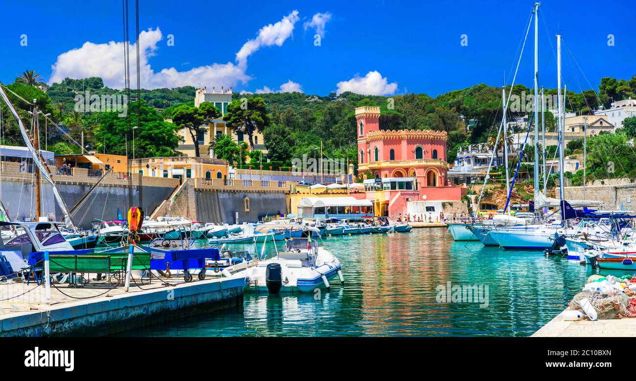 Italy travel. Marina Tricase - beautiful fishing village in Puglia - popular place for summer holidays in Salento. Stock Photo