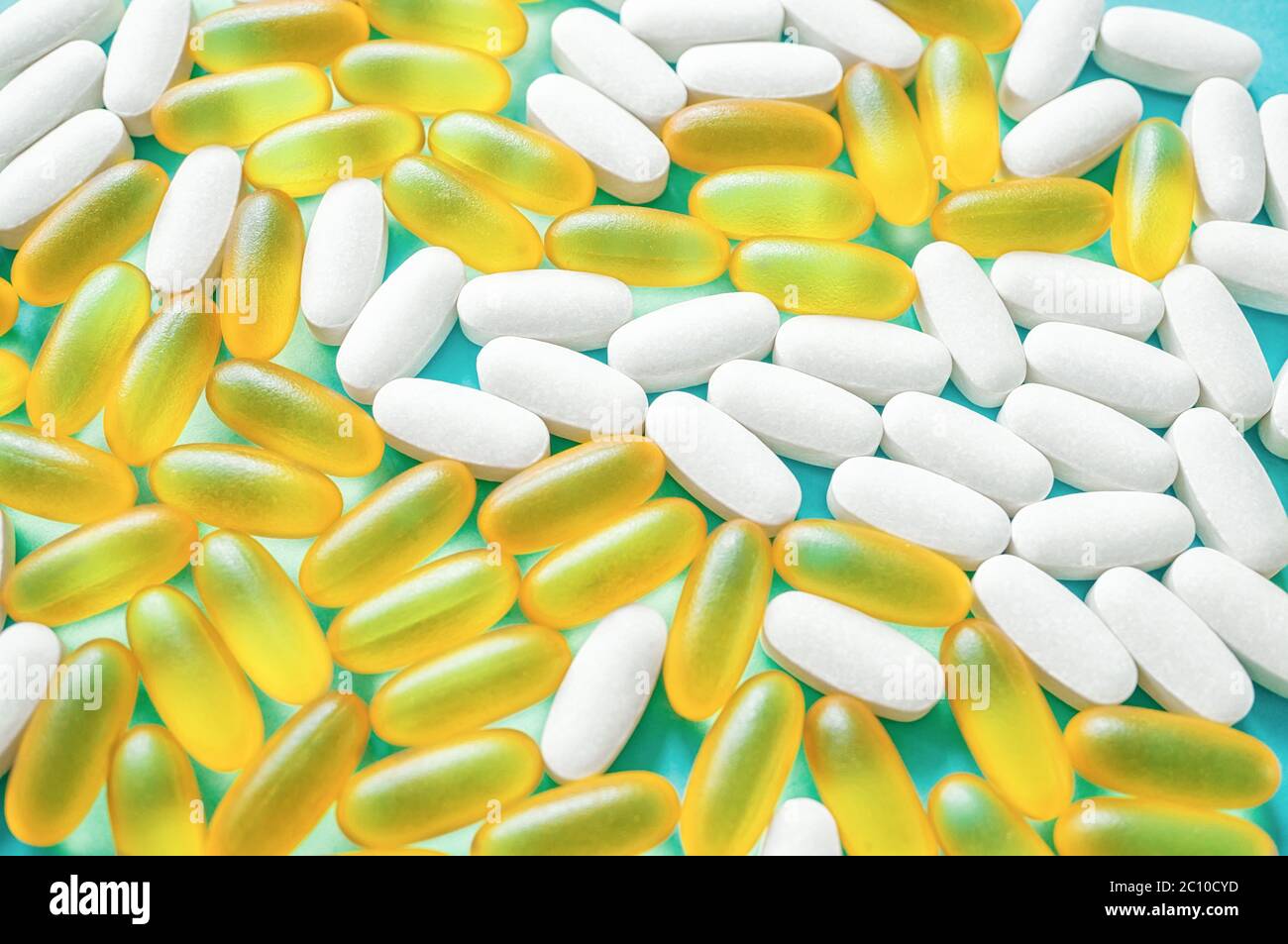 vitamins and medications, vitamin capsules and tablets. Closeup