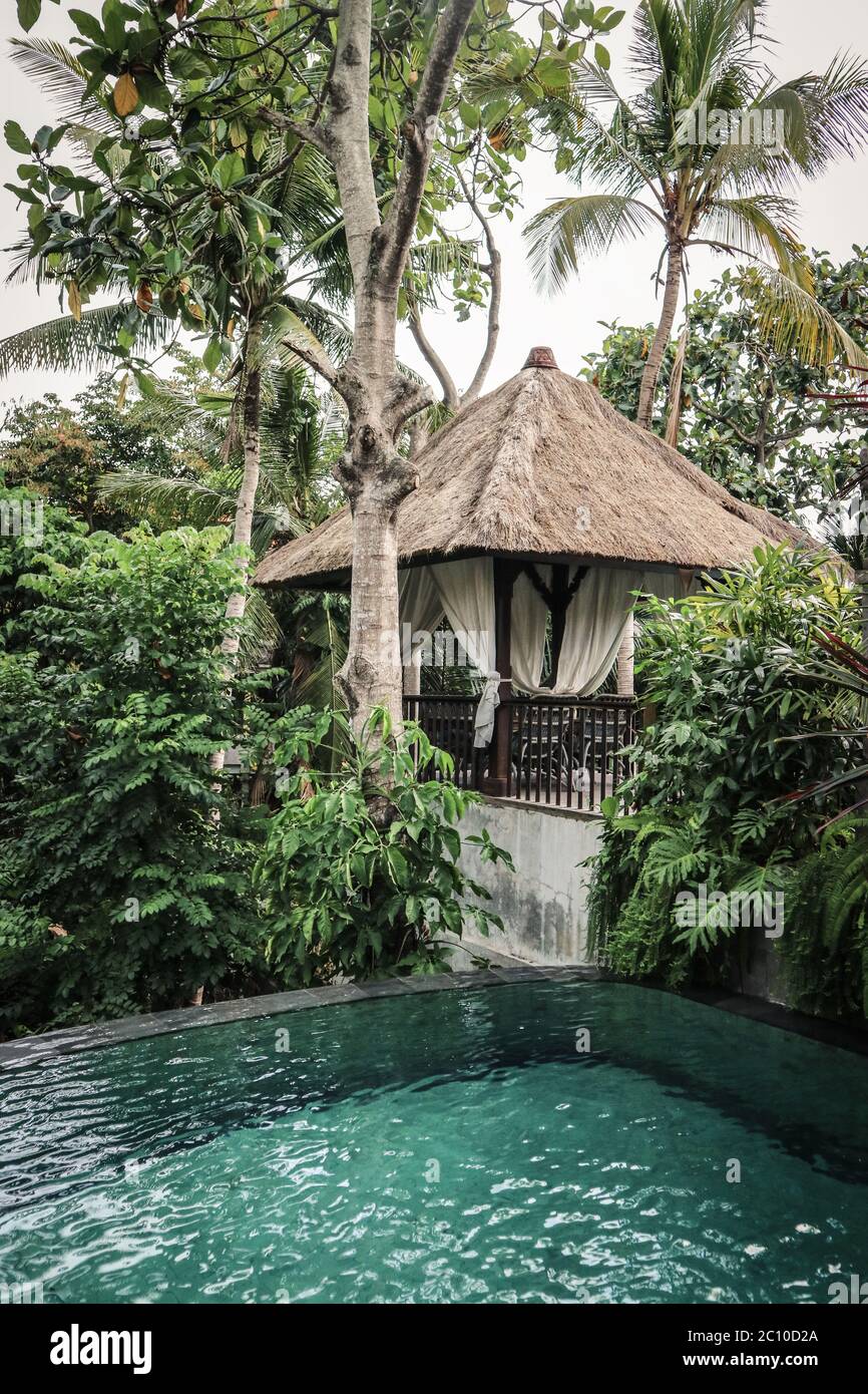 Swimming pool near traditional balinese cozy gazebo, Ubud, Indonesia Stock Photo