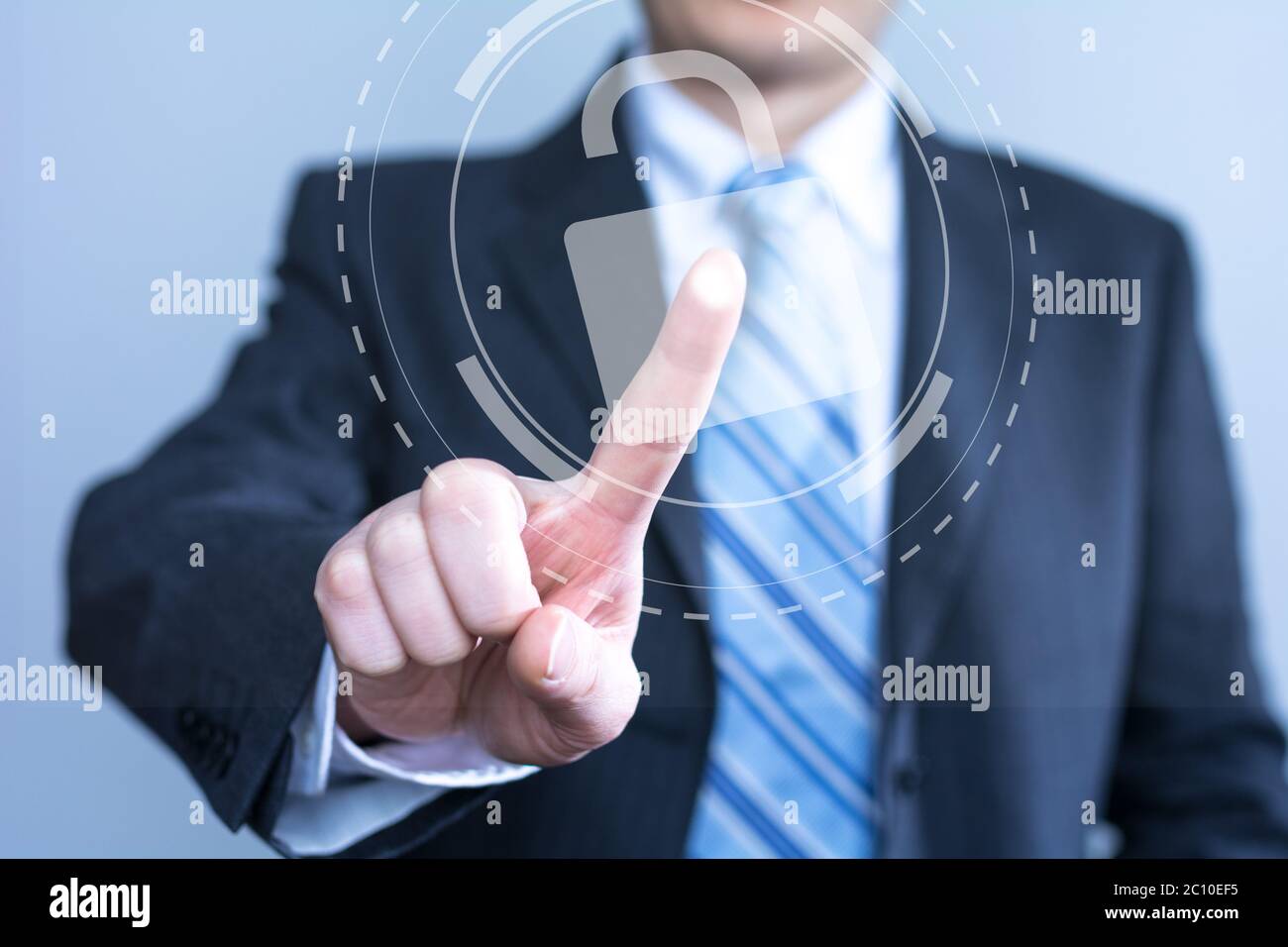 businessman touching virtual screen with cyber icon Stock Photo