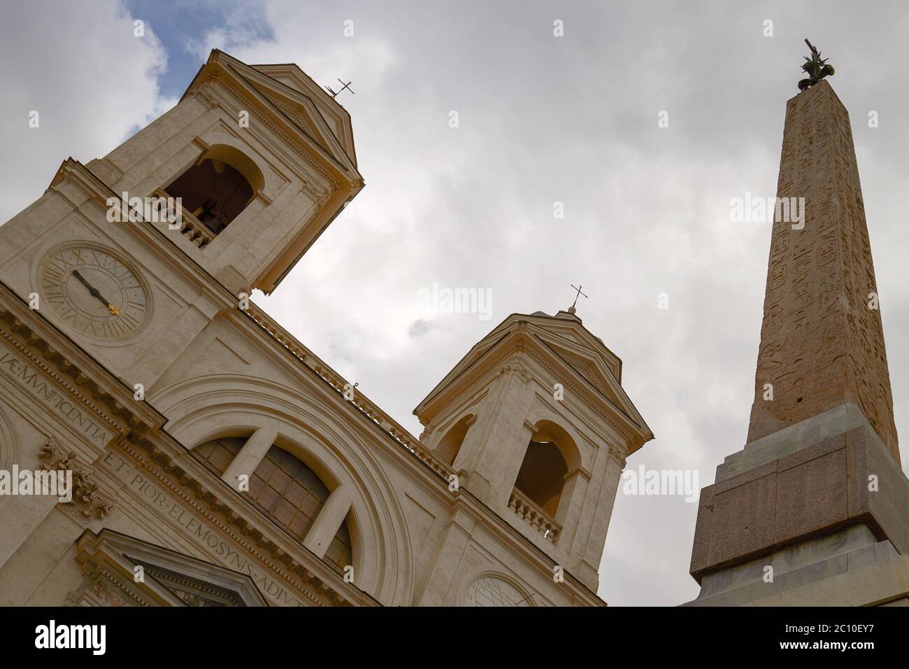 Twin Belfries of Trinita dei Monti Renaissance Church with Egyptian Obelisk Stock Photo