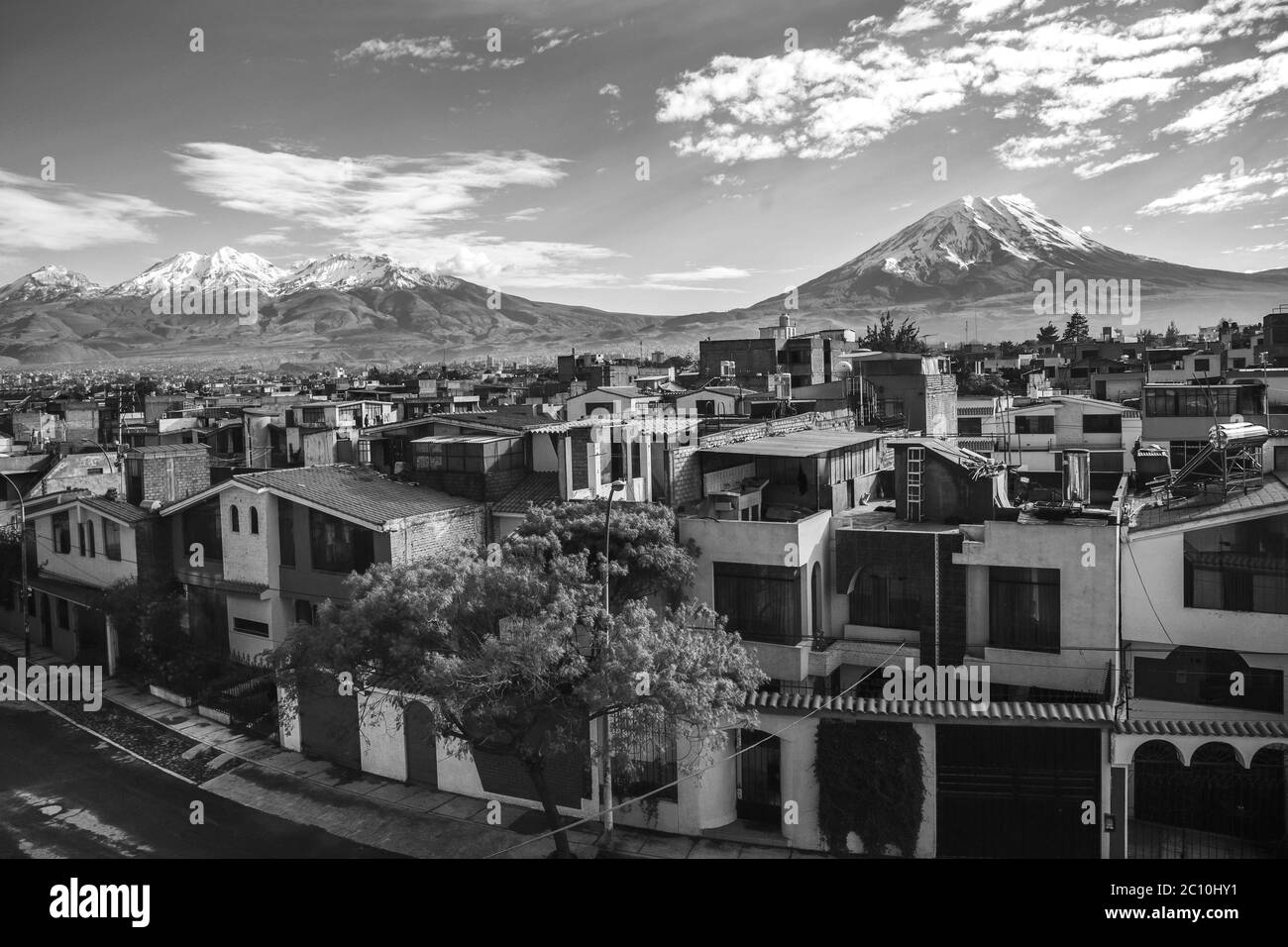 City of Arequipa with its iconic active volcanos of Misti and Chachani, Peru Stock Photo