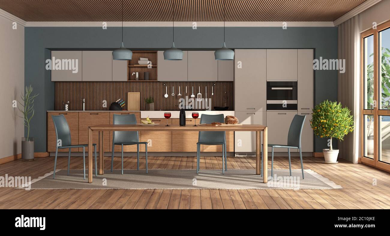 White And Blue Modern Kitchen With Dining Table Chairs And Wooden Ceiling 3d Rendering Stock Photo Alamy