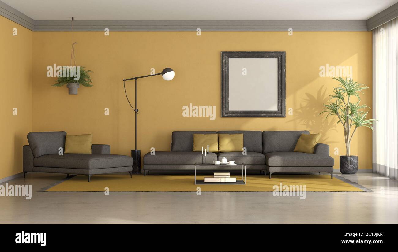 Black and yellow minimalist living room with sofa,chaise lounge and floor lamp - 3d rendering Stock Photo