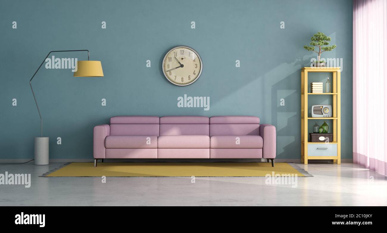 Blue living room with pink sofa and vintage furniture - 3d rendering Stock Photo