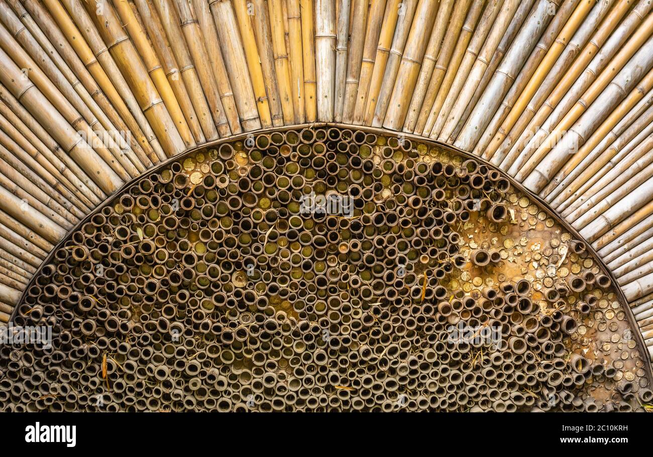 textured abstract natural background of wooden or wood cut bamboo sticks or pipes with round tubes Stock Photo