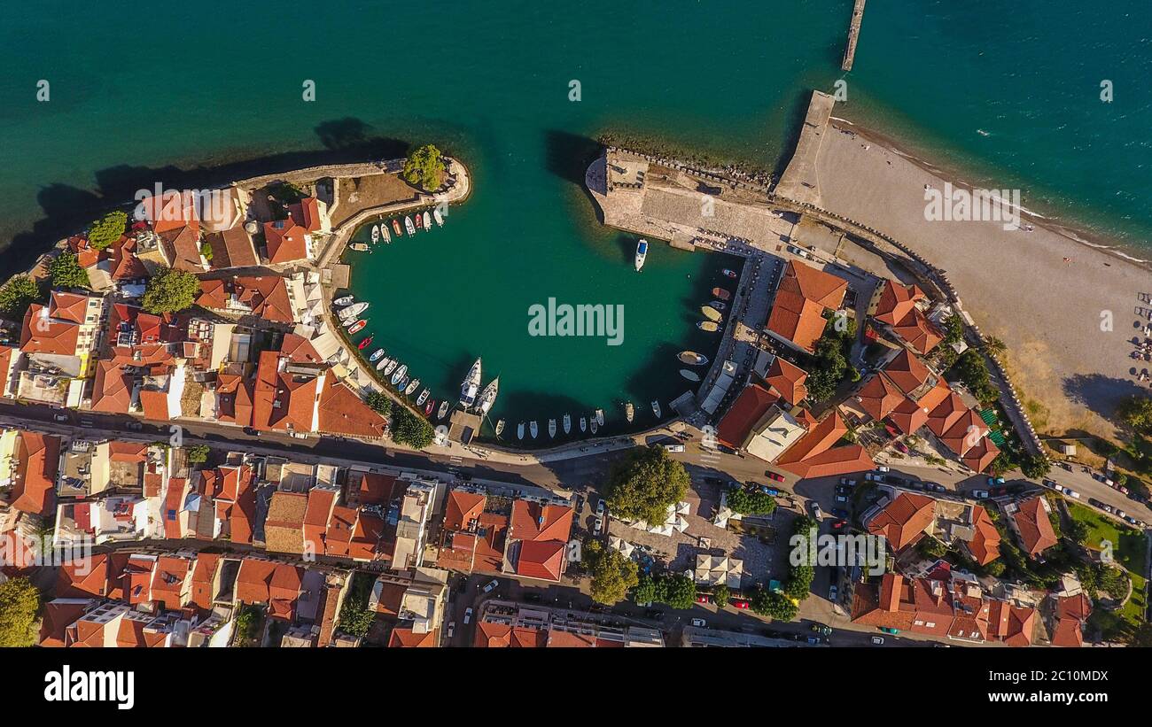 Top down drone view of the medieval port of Lepanto at Nafpakos, West
