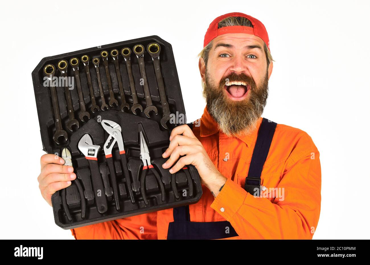Worker repairer repairman handyman carrying toolbox. Really good tools
