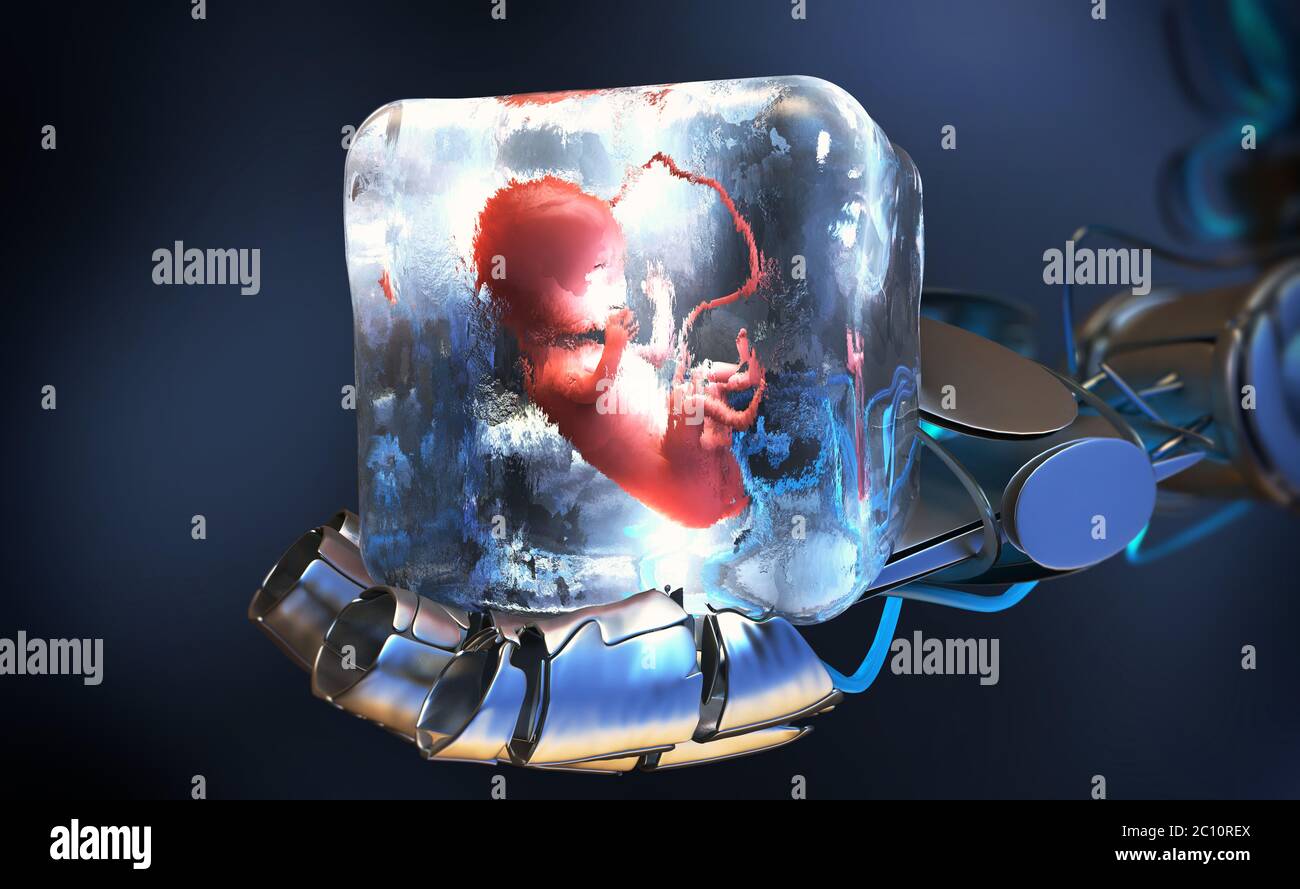 3d illustration of a cryopreserved fetus frozen into ice cube held by robotic arm Stock Photo