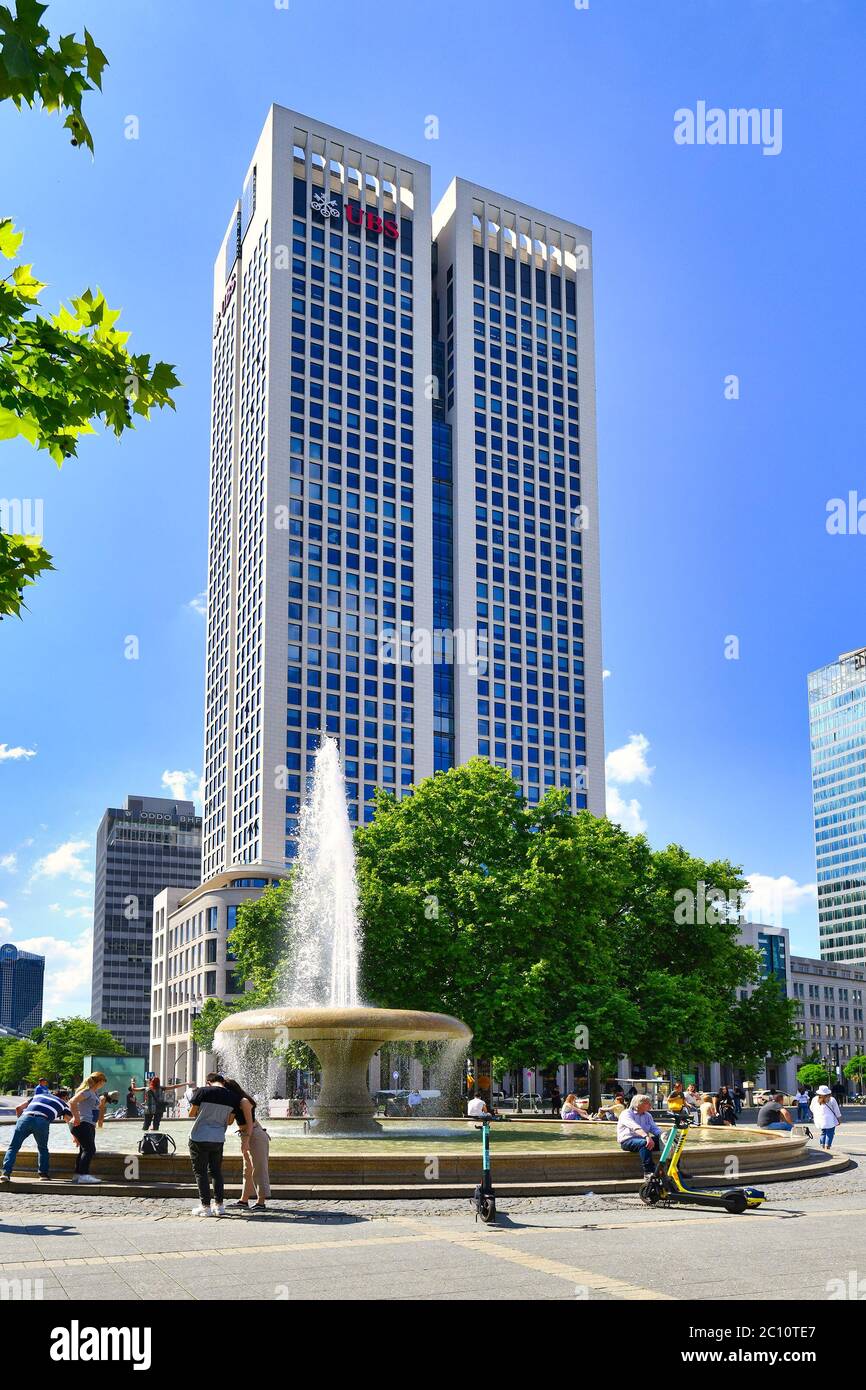 Frankfurt am Main, Germany - June 2020: Tower building of German branch of Swiss multinational investment bank and financial services company UBS Stock Photo