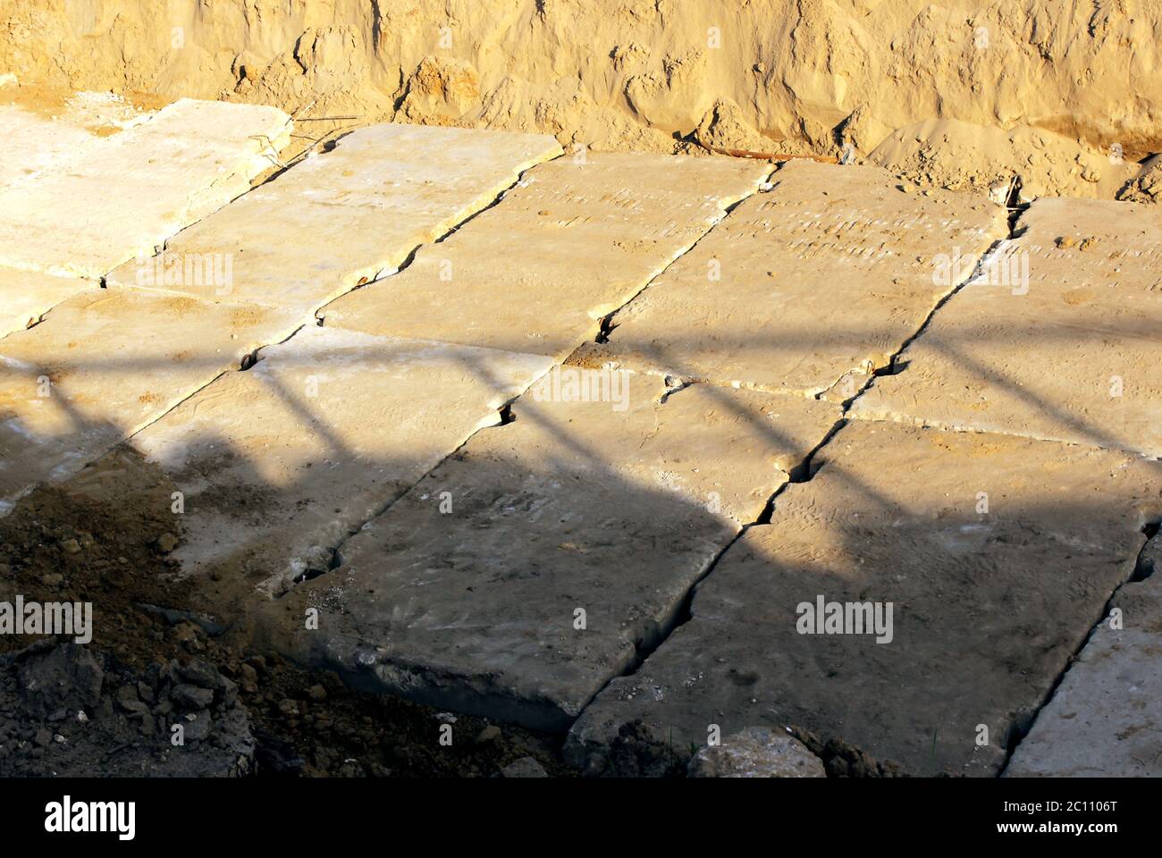 concrete slabs as a road base during the construction  junctions in the Moscow. Stock Photo