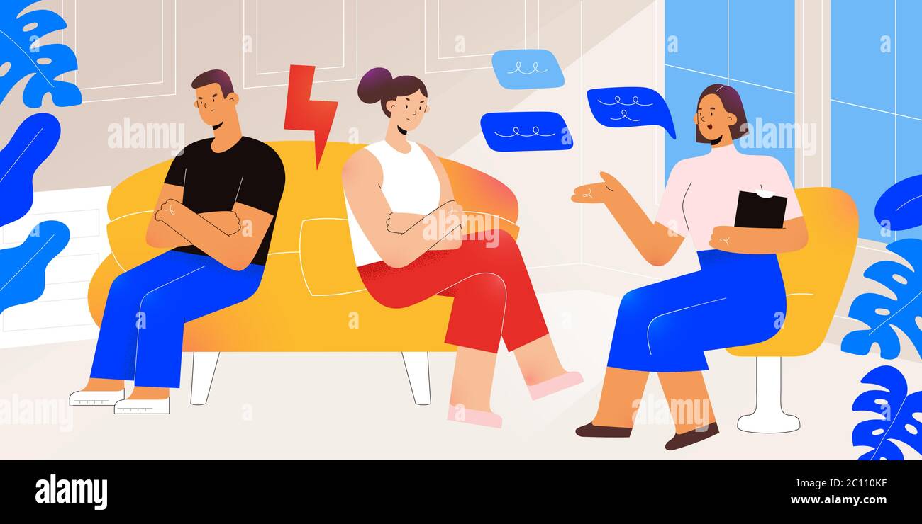 Couple on family psychotherapy counseling, woman and man getting psychological help, breaking relationship, psychologist talking to patient, modern Stock Vector