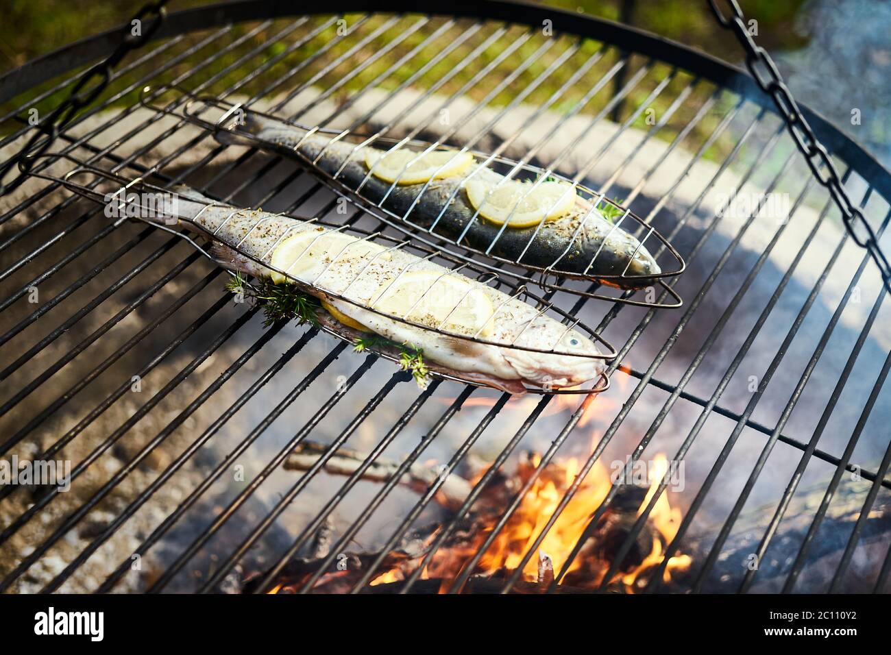 delicious trout with spices roast on a grill over a fire Stock Photo