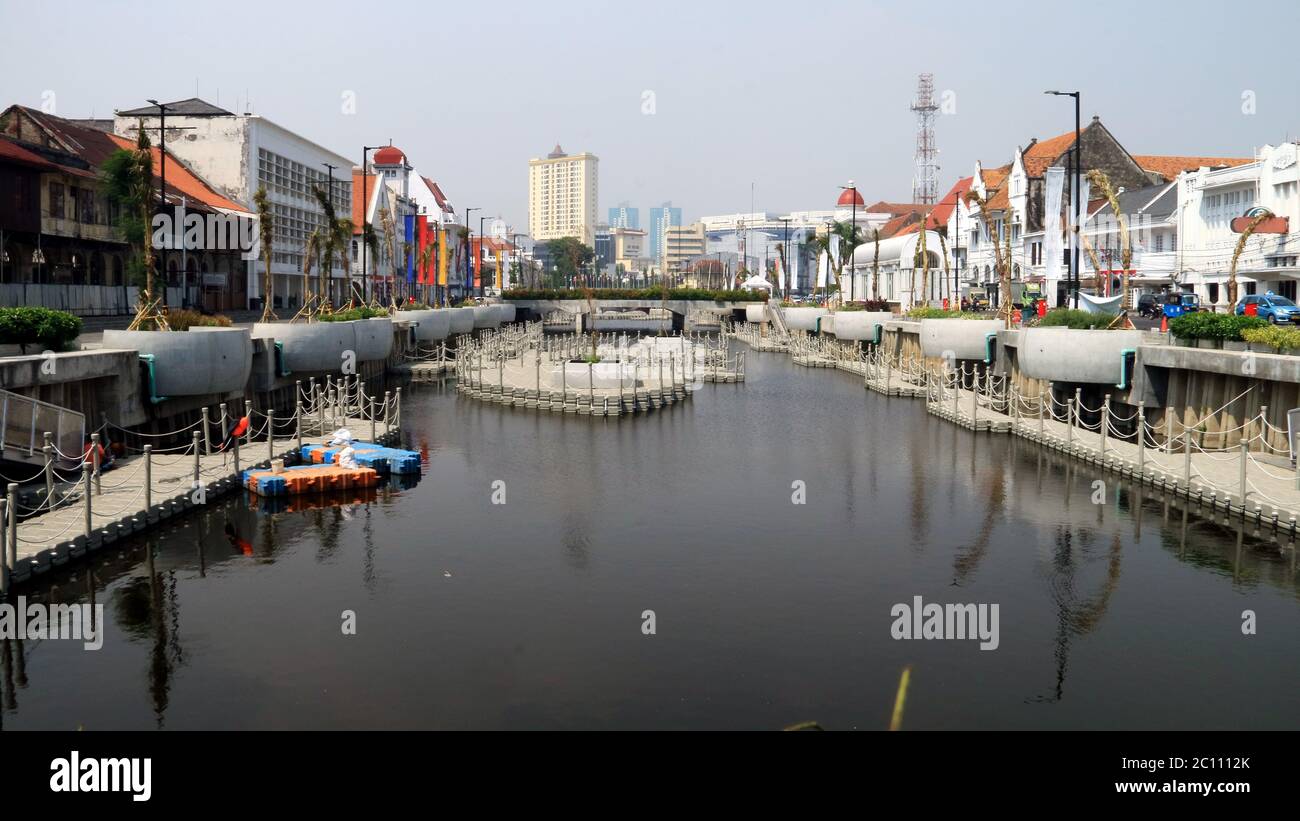 Jakarta, Indonesia - July 10, 2019: Riverbanks of Krukut River along Jl. Kali Besar Timur and Jl. Kali Besar Barat in Old City area turned into a publ Stock Photo