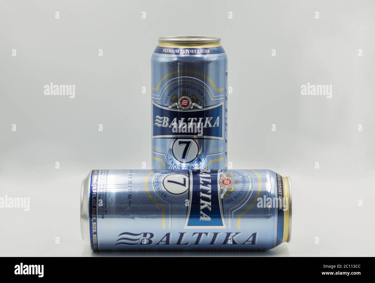 KYIV, UKRAINE - MAY 19, 2020: Baltika lager export beer cans closeup ...
