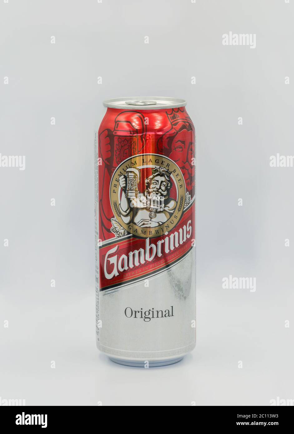 KYIV, UKRAINE JUNE 06, 2020 Light lager beer Gambrinus can closeup