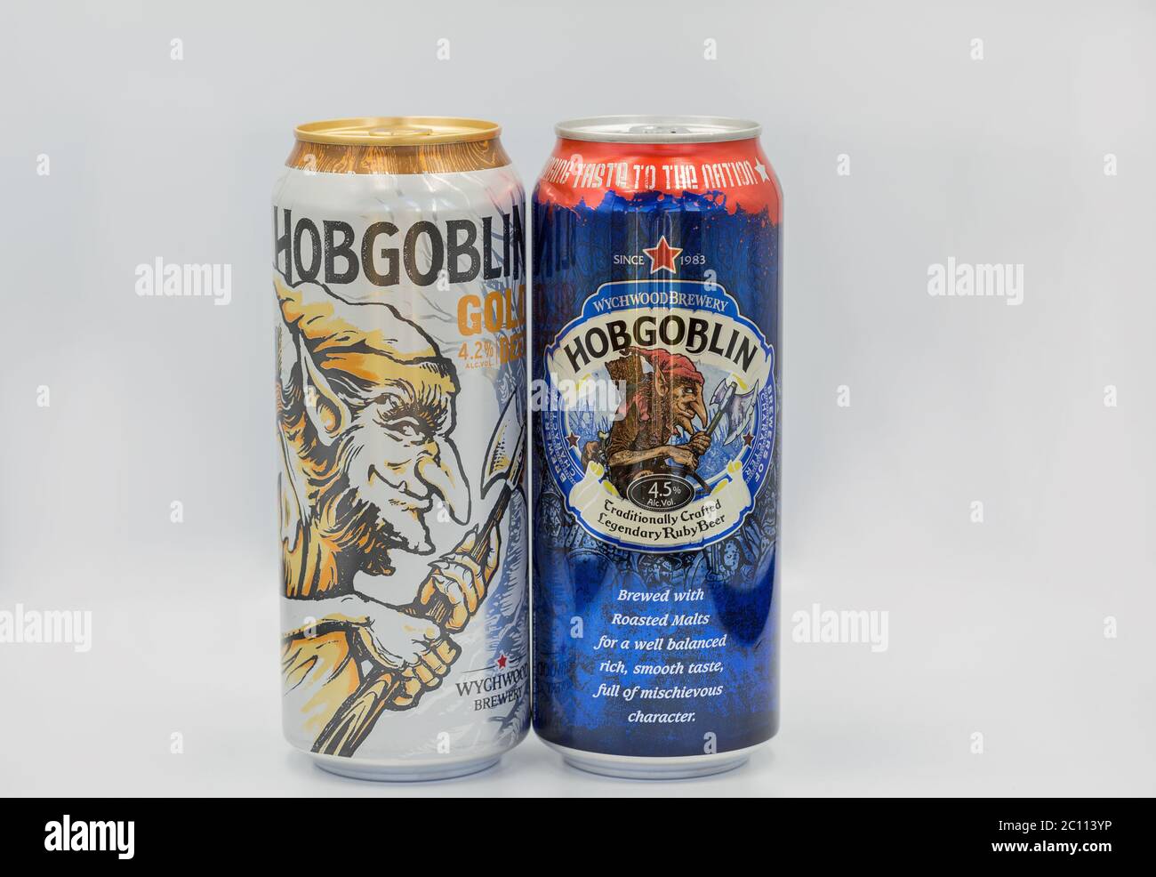 KYIV, UKRAINE - JUNE 06, 2020: Hobgoblin Gold and Ruby ale beer cans by Wychwood Brewery closeup against white. Brewery in Witney, Oxfordshire, Englan Stock Photo
