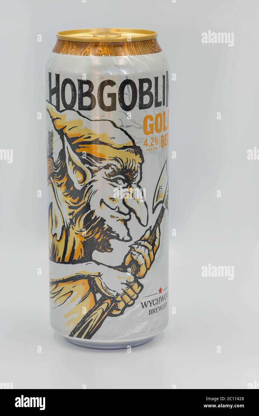 KYIV, UKRAINE - JUNE 06, 2020: Hobgoblin Gold ale beer can by Wychwood Brewery closeup against white. Brewery in Witney, Oxfordshire, England is known Stock Photo