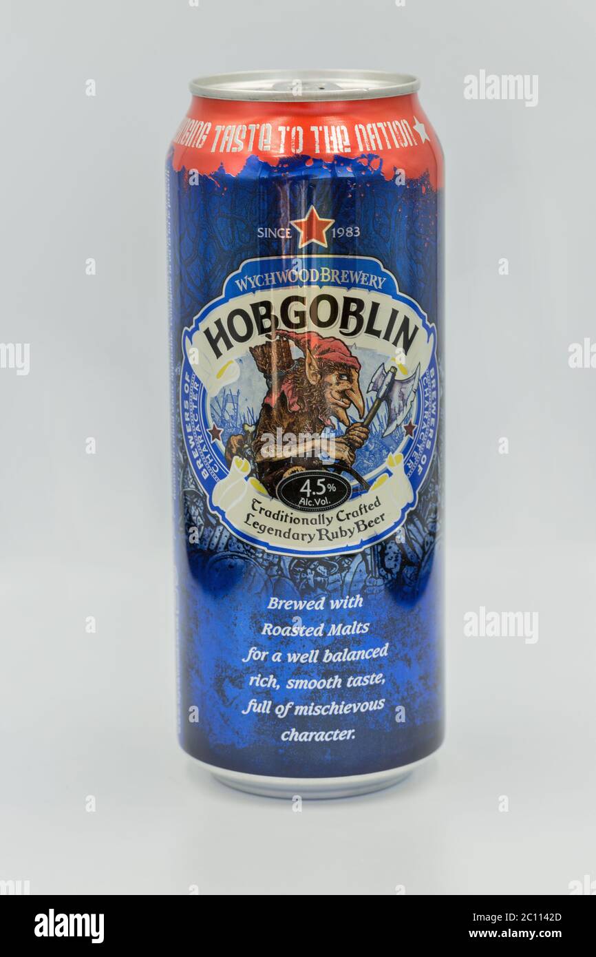 KYIV, UKRAINE - JUNE 06, 2020: Hobgoblin Ruby ale beer can by Wychwood Brewery closeup against white. Brewery in Witney, Oxfordshire, England is known Stock Photo