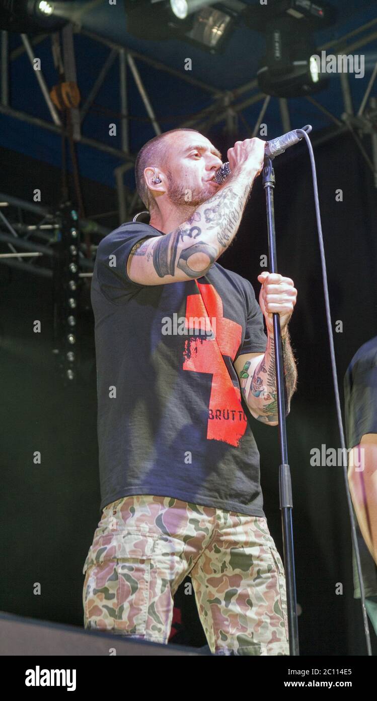 KIEV, UKRAINE - MAY 23, 2015: Sergey Mikhalok leader of punk rock band Brutto performs song during show in International Tattoo Convention Kyiv Tattoo Stock Photo