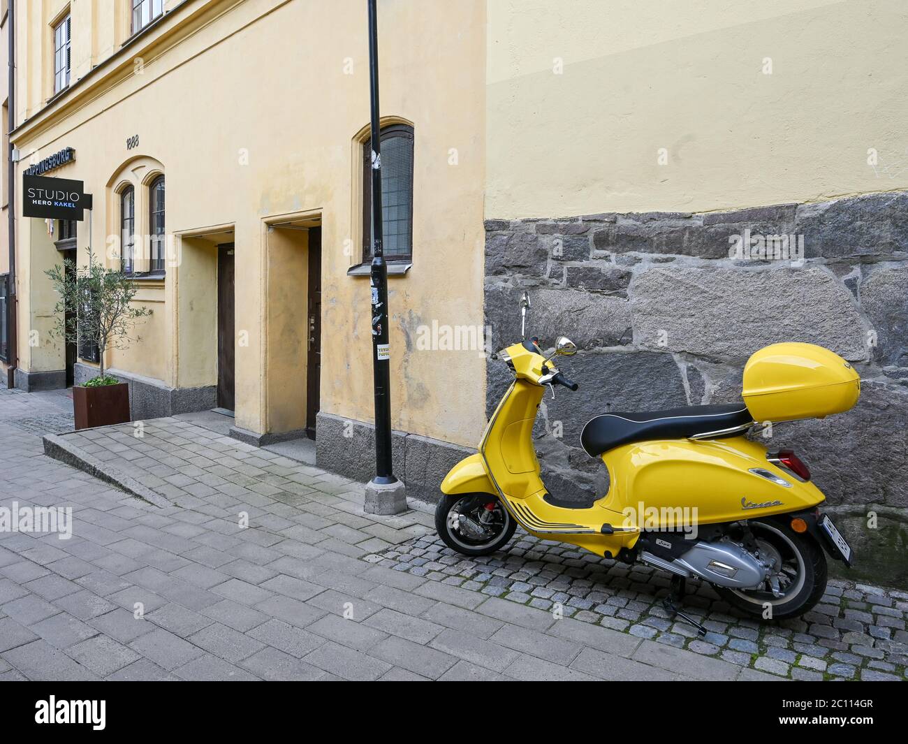 Piaggio Vespa Sprint 125 ABS parked at Knappingsborg city block in Norrkoping, Sweden. Stock Photo