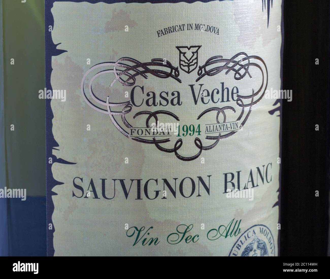 KYIV, UKRAINE - MAY 15, 2020: Cabernet Sauvignon Blanc wine bottle label from Casa Veche Moldavian winery closeup Stock Photo