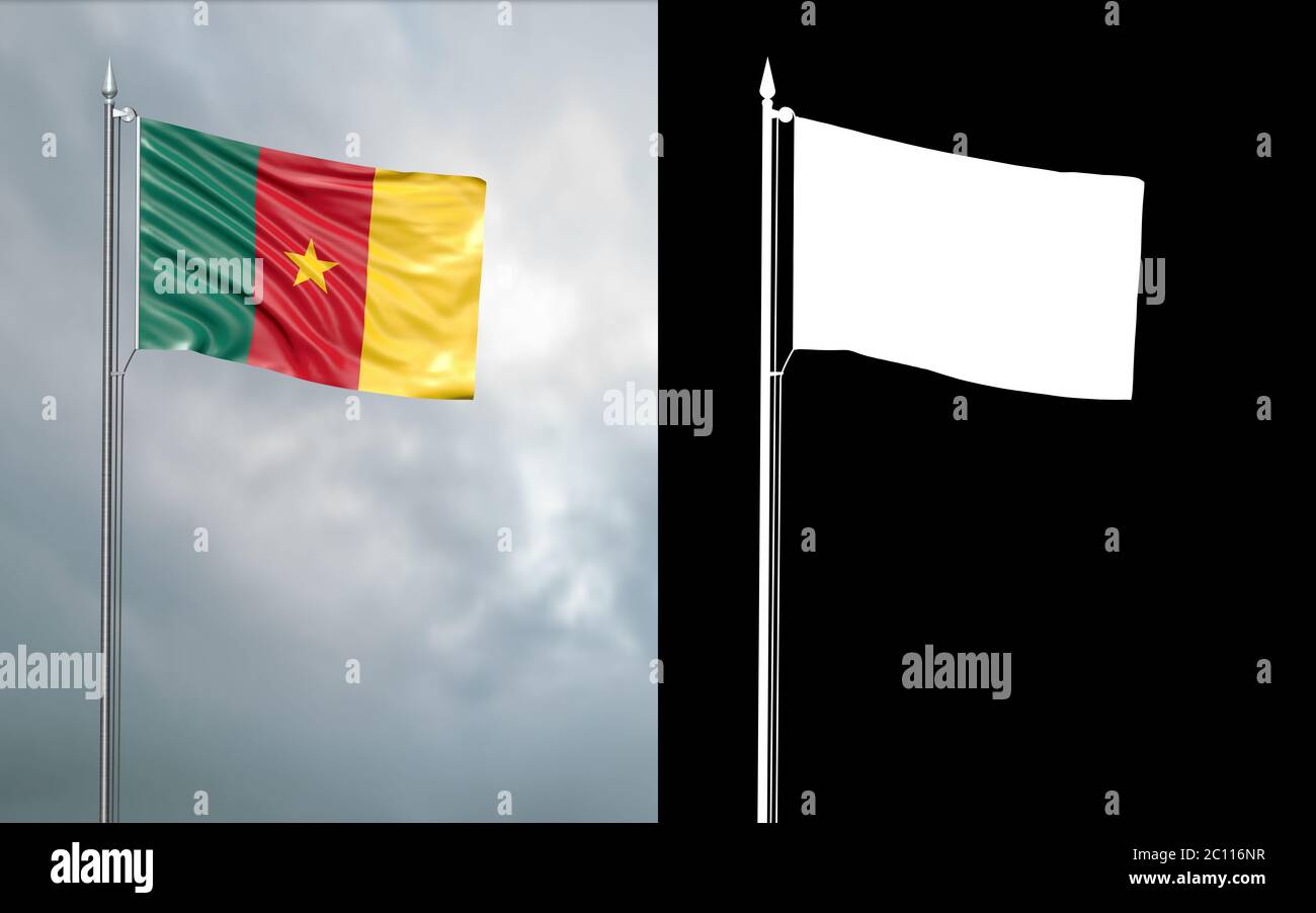 3d illustration of the state flag of the Republic of Cameroon moving in the wind at the flagpole in front of a cloudy sky with its alpha channel Stock Photo