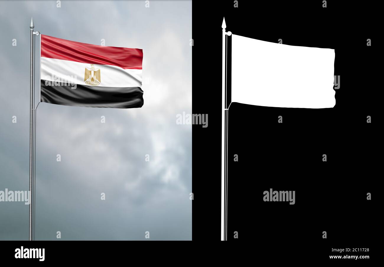 3d illustration of the state flag of the Arab Republic of Egypt moving in the wind at the flagpole in front of a cloudy sky with its alpha channel Stock Photo