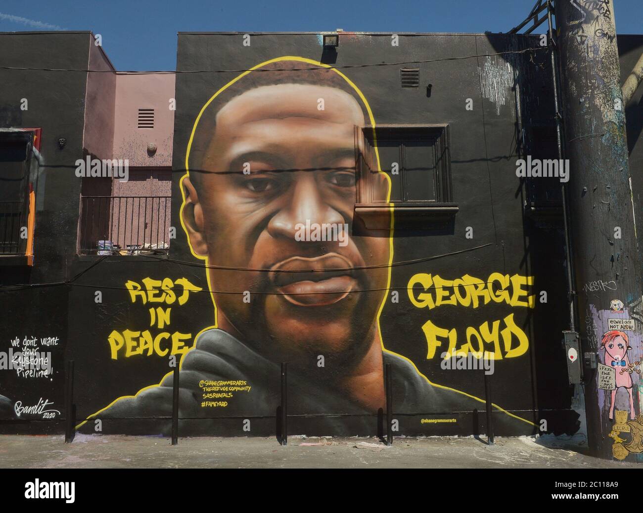 Los Angeles, United States. 13th June, 2020. A mural go George Floyd commemorates the killing of George Floyd on Melrose Avenue in Los Angeles on Friday, June 12, 2020. The Minneapolis City Council on Friday unanimously passed a resolution to pursue a community-led public safety system to replace the police department following the death of George Floyd at the hands of the city's police. Photo by Jim Ruymen/UPI Credit: UPI/Alamy Live News Stock Photo