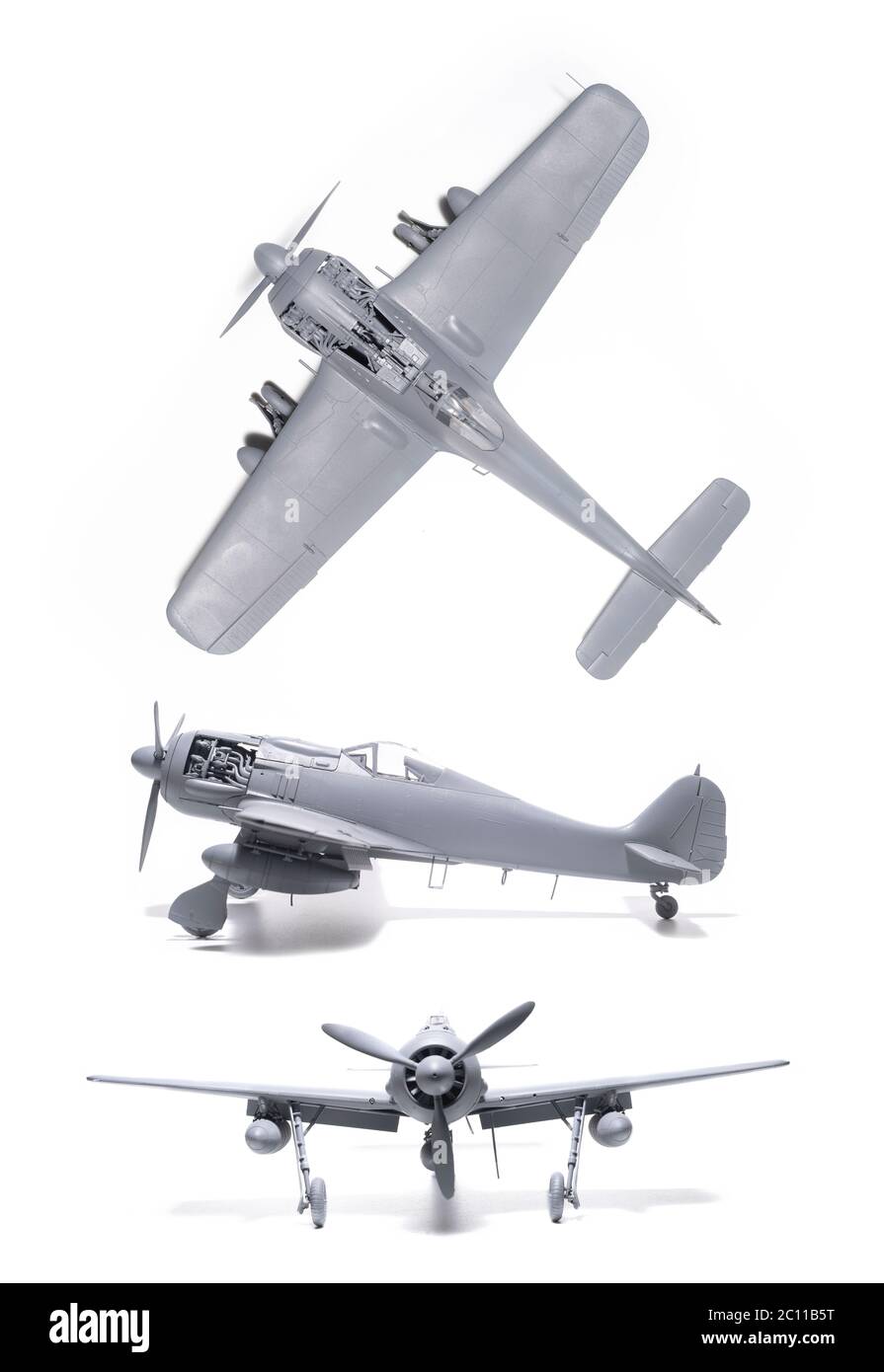 Focke Wulf FW190 F-8, plan, side elevation and frontal view on white background Stock Photo