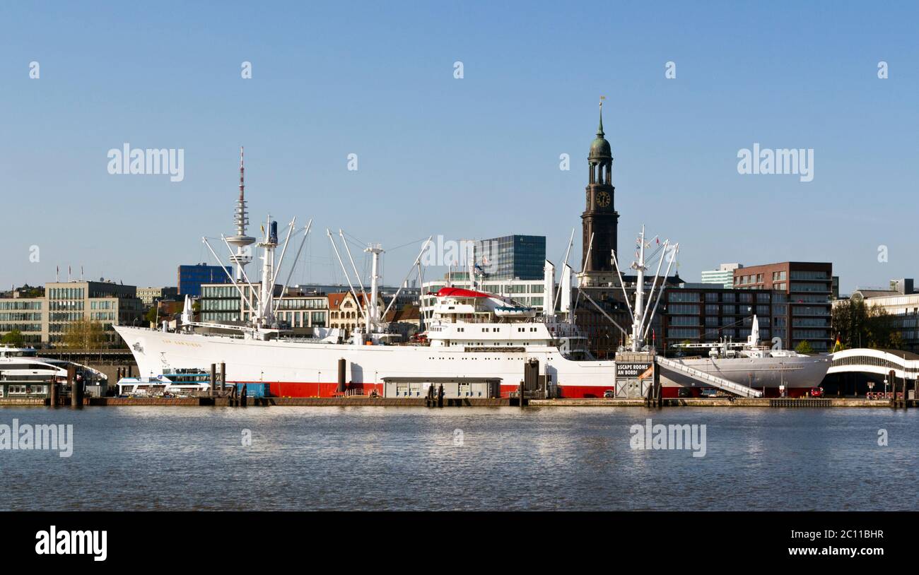 View across river Elbe towards museum ship Cap San Diego and Michaelis church, Hamburg, Germany Stock Photo
