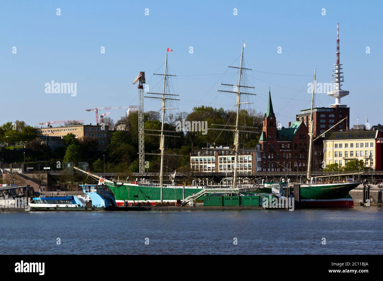 View across River Elbe towards museum sail ship Rickmer Rickmers, Hamburg, Germany Stock Photo