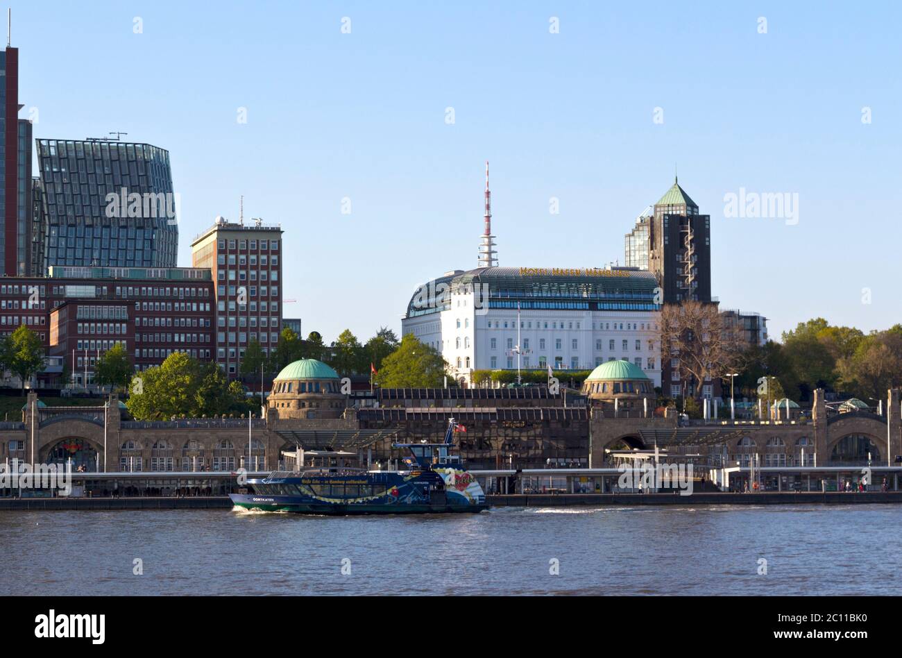 View across River Elbe towards 'Hotel Hafen Hamburg', Hamburg, Germany Stock Photo