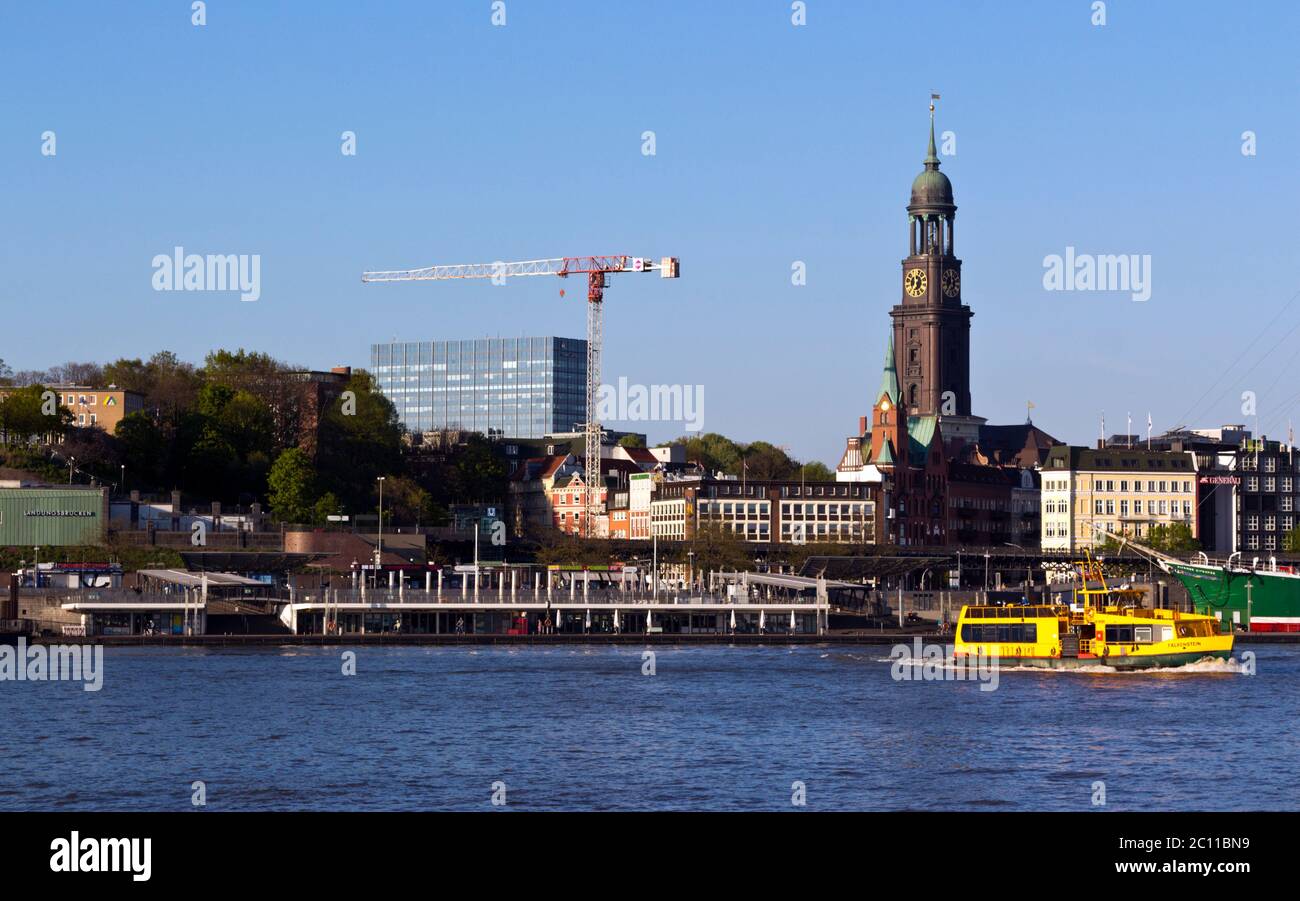 View across River Elbe towards St. Michaelis Church, Hamburg, Germany Stock Photo