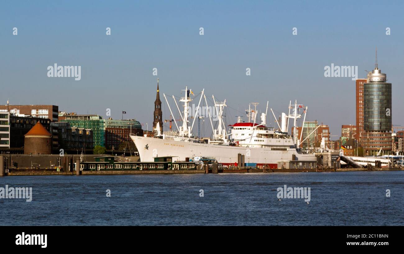 View across river Elbe towards museum ship Cap San Diego and Hanseatic Trade Center in Hamburg Stock Photo