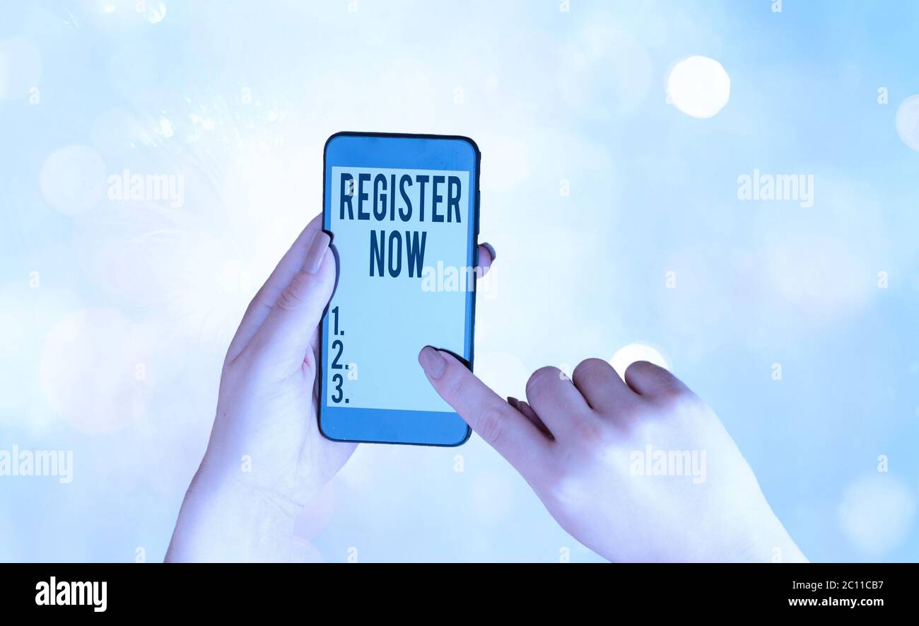 Writing note showing Register Now. Business concept for subscribe ...