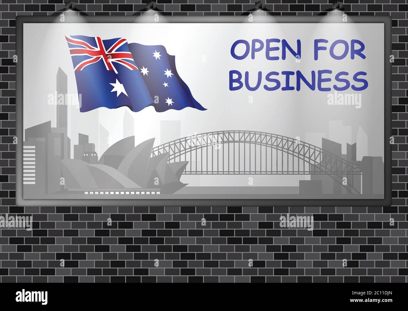 Illuminated billboard advertising the Australia is open for business