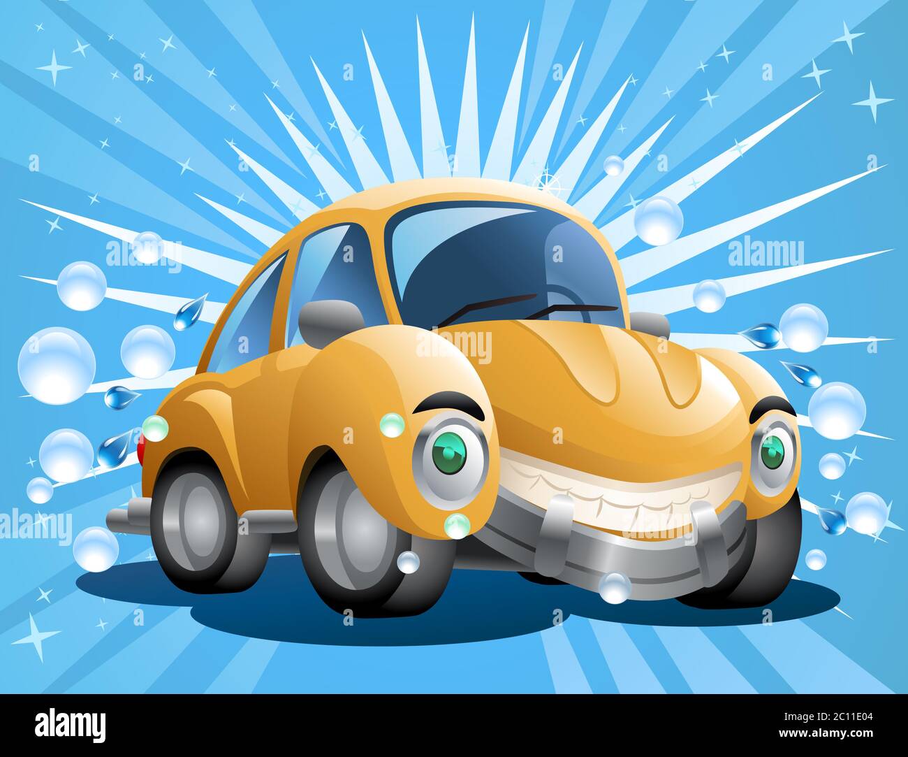 illustration of a cartoon yellow car wash with soap bubble on blue  background Stock Photo - Alamy