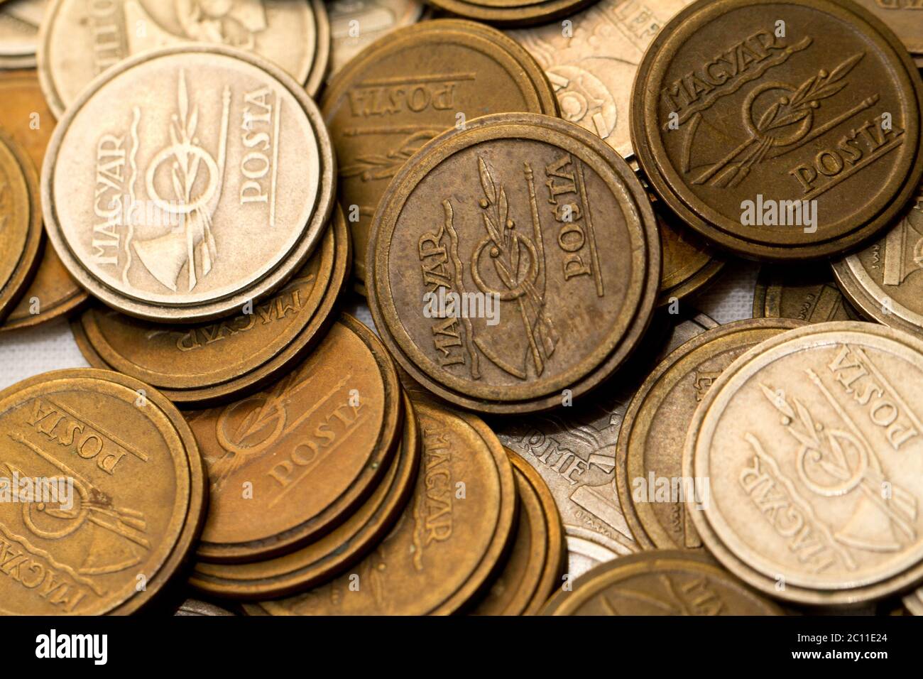Close up photo of old telephone coin Stock Photo