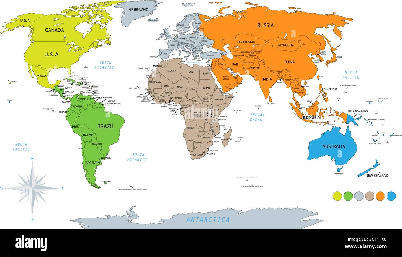 Political world map on white background, with every state labeled and selectable. Colored by continents. Versatile file.EPS10 Stock Vector