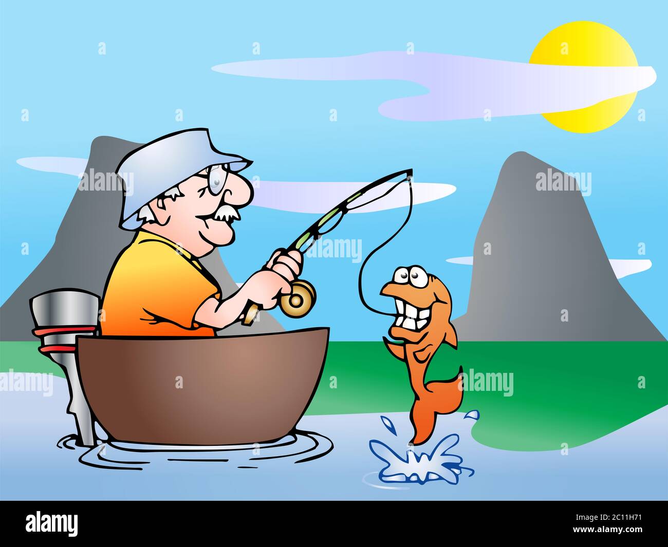 Дедушка ловит рыбу. Мультяшные рыбаки. Дед на лодке ловит рыбу. Дедушка Рыбак.