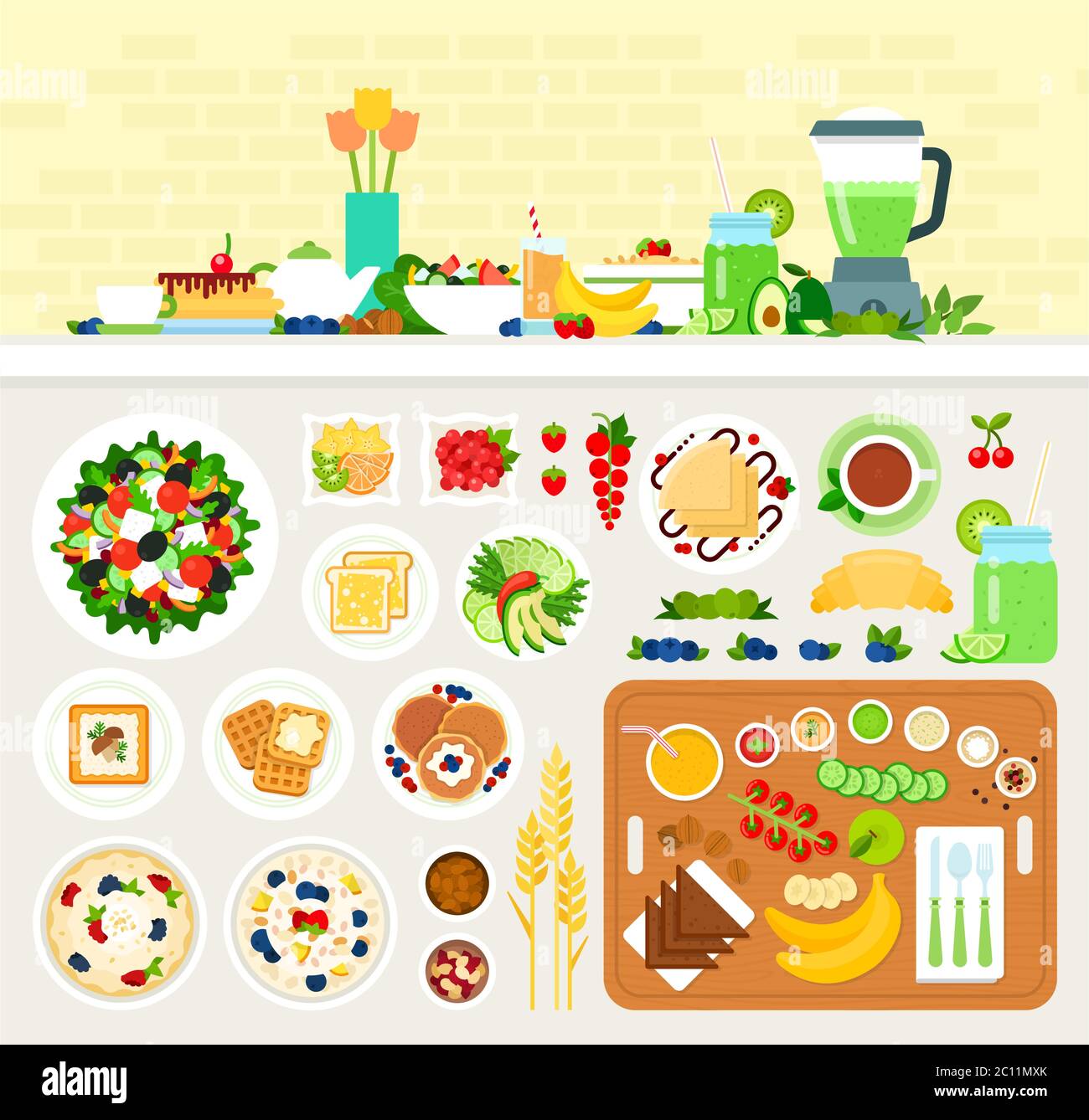 Vegetarian healthy breakfast vector illustration in flat design. Stock Vector