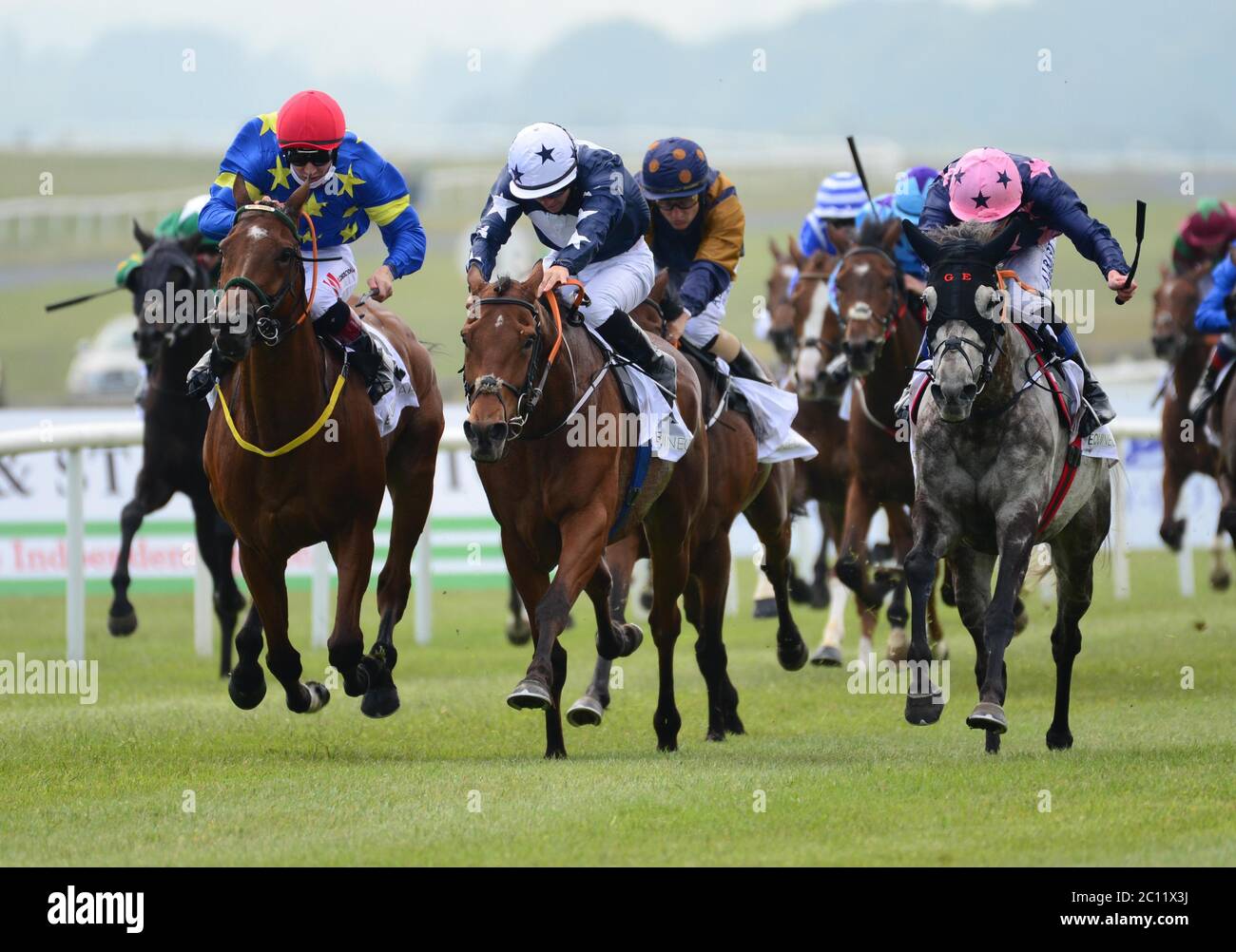 Mutadaffeq ridden by Wayne Lordan (blue and white silks) beats Jerandme (left) and Graceland (right) to win The EquiNectar Handicap at Curragh Racecourse. Stock Photo