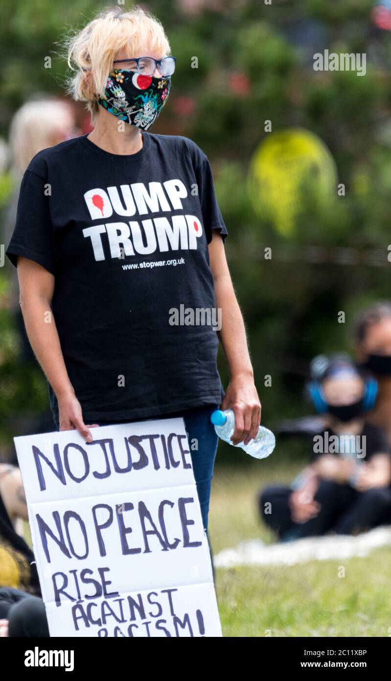 Princes Park, Eastbourne, East Sussex, UK. 13th June, 2020. Black Lives Matter protesters gathering to protest at the death of George Floyd in Minneapolis USA, and raise concerns at racial inequalities in the UK. Credit: Alan Fraser/Alamy Live News Stock Photo