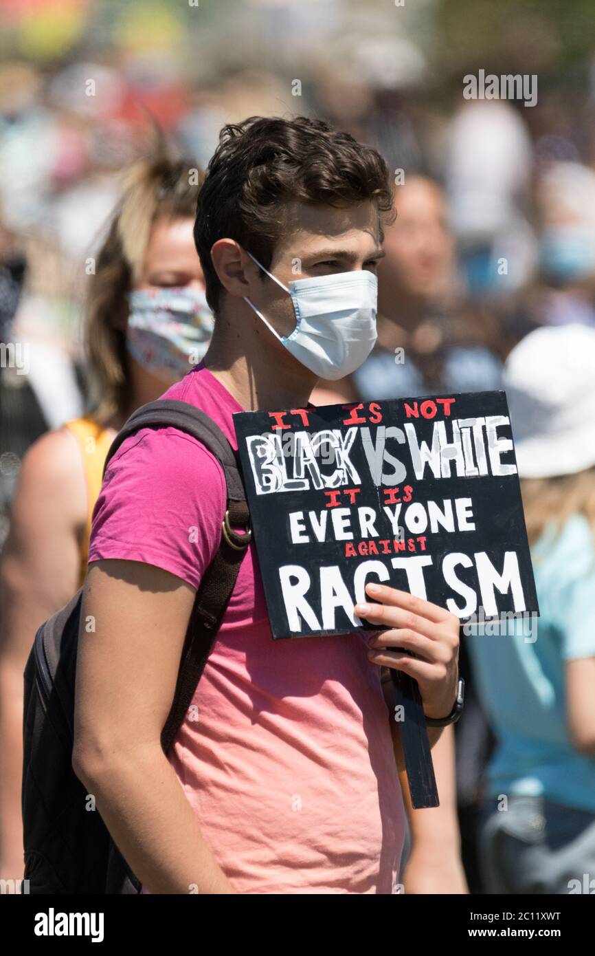 Princes Park, Eastbourne, East Sussex, UK. 13th June, 2020. Black Lives Matter protesters gathering to protest at the death of George Floyd in Minneapolis USA, and raise concerns at racial inequalities in the UK. Credit: Alan Fraser/Alamy Live News Stock Photo