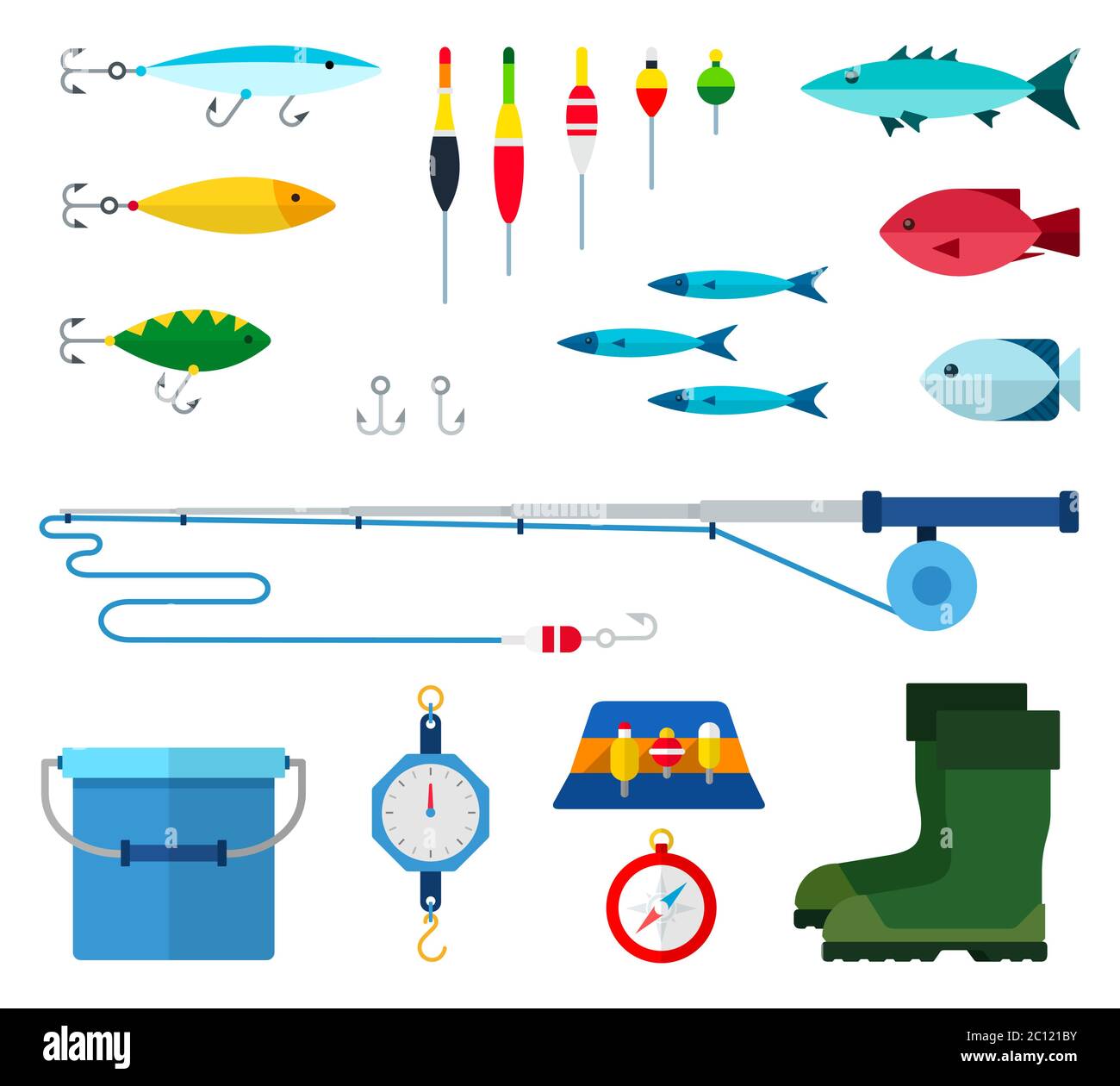 Set of fishing equipment and different types of fish vector
