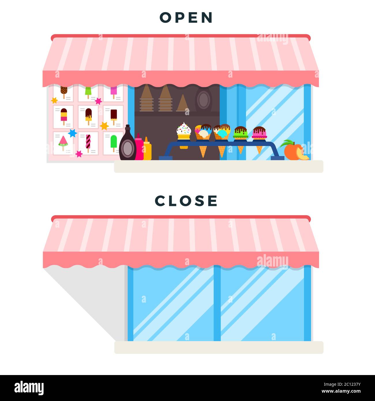 Ice cream shop with a sign open, closed vector illustration in a flat design. Stock Vector