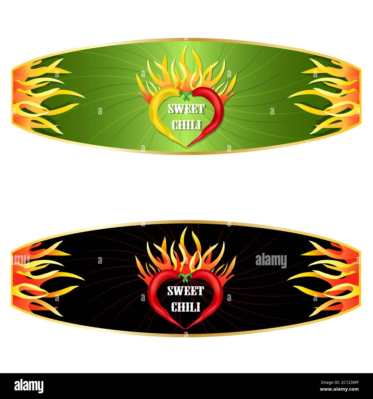 Sweet Chili Pepper sauce label design. Vector illustration Stock Vector