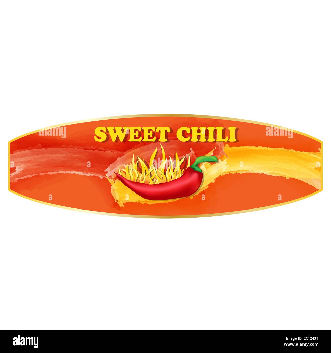 Sweet Chili Pepper sauce label design. Vector illustration. Stock Vector