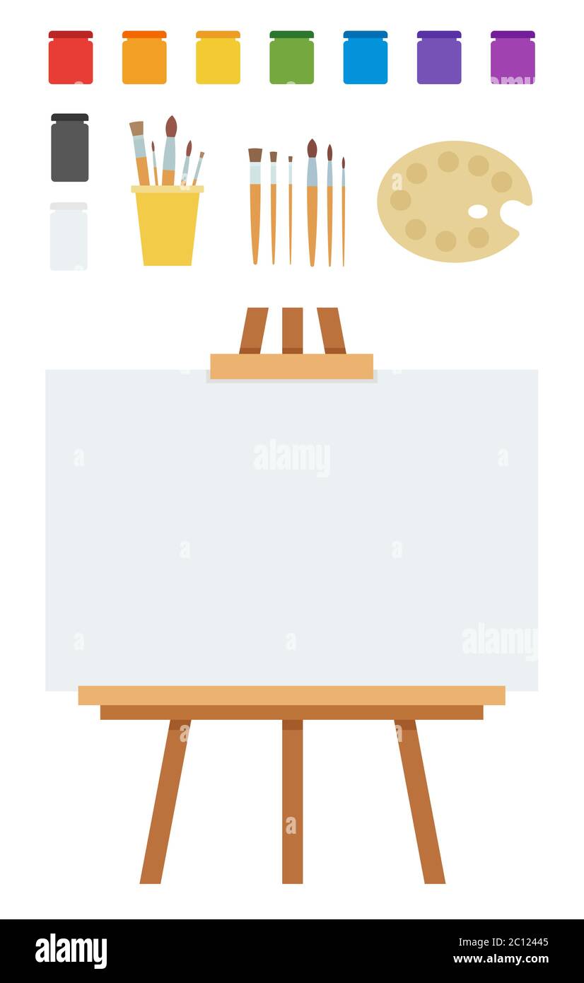 Floor easel with paints, brushes and a palette vector illustration in a